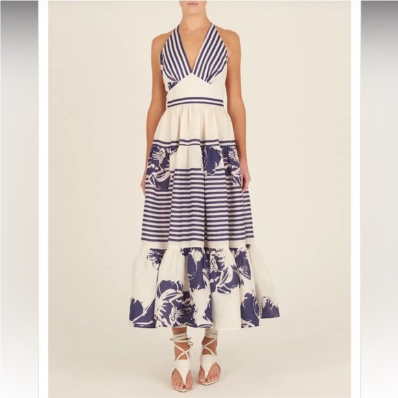 Silvia Tcherassi Dresses & Skirts - SILVIA TCHERASSI - Valerie Dress Linen Azure Floral Blue & White Stripes Size M